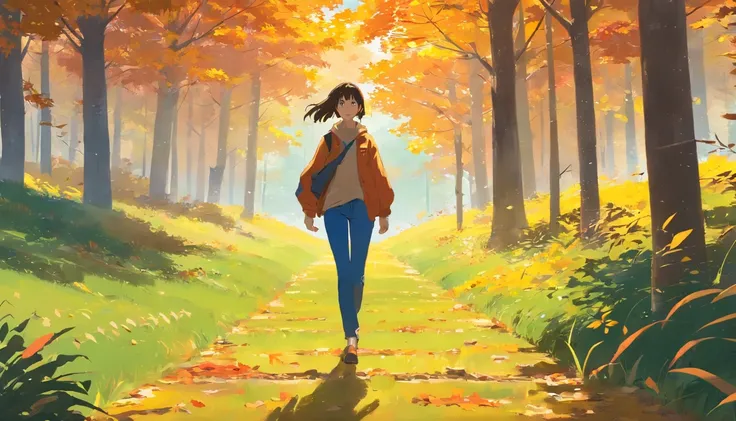 Woman walking on the grass, Wear autumn attire，Long pants，In a forest, perto de um lago. fall. Autumn. in the style of adrian ghenie, esao andrews, Aesthetics 90s anime.