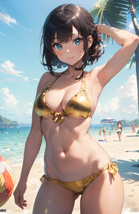 (​master piece:1.8),(Best Quality:1.8),(ultimate detailed:1.8),(8K:1.8),(The ultimate fine illustration:1.5),Pretty girl,Smile,Beautiful eyes and hair,(Metallic Gold,bikini of:1.4),(Sexy Pose:1.5),to stand,(Beach:1.6),Dynamic Angle,Random position,blue ton...