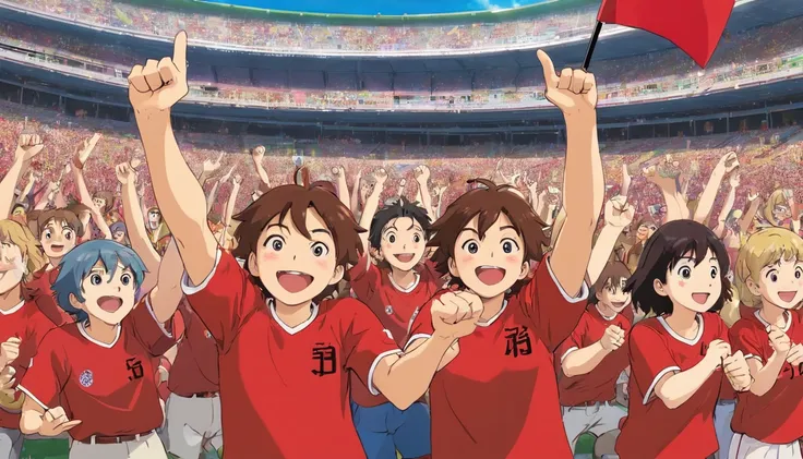 Male cheering with 8 fans in a stadium in the background celebrating happily all wearing red t-shirt with 4 black stripes 45 degrees celebrating happy high quality anime style