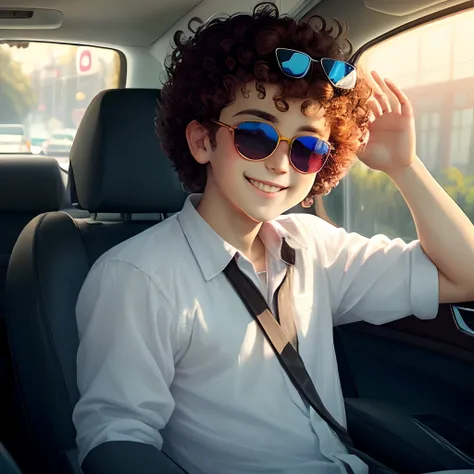 A big haired boy with sunglasses looking and smiling through the car window