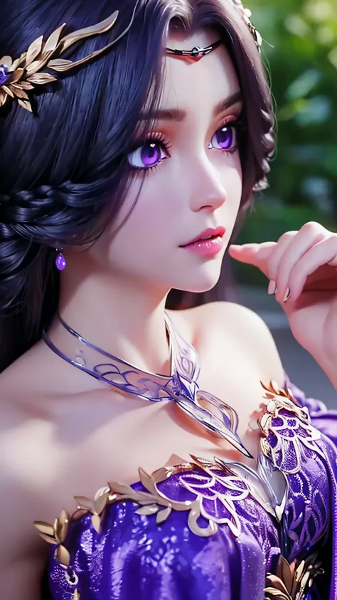 A beautiful and sexy 20 year old girl, Very sexy girl in a thin strapless purple nightgown, Purple silk dressing gown，Sexy lace trim, Long purple hair and bangs, and jewels. The finest and most beautiful hair, ((Wear a purple lace necklace: 1.6)), Super cu...