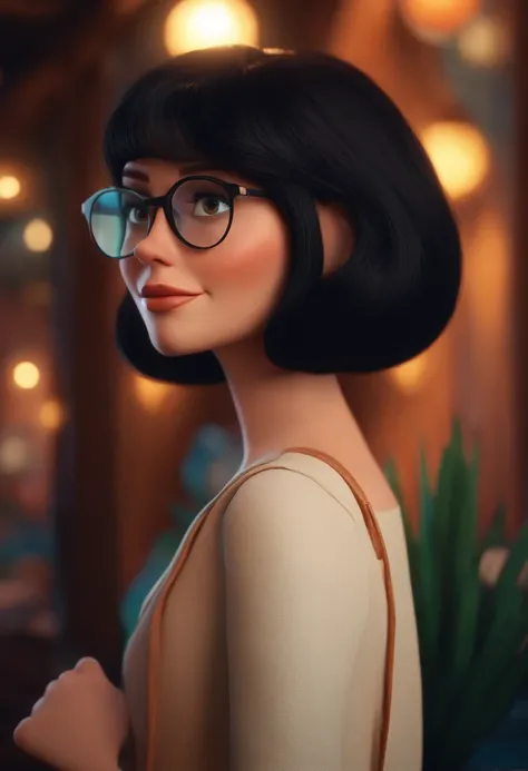 Pixar style image with 3D character glasses brunette woman with long straight short dark hair, Maquiagem Disney,Pescador, bonitinho, sorridente ,Close-up, Pixar, Disney, Cinema lighting,