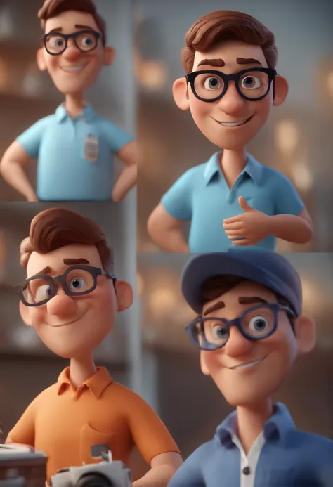 Cartoon character of a man with black glasses and a blue shirt, animation character, Caractere estilizado, animation style rendering, 3D estilizado, Arnold Maya render, 3 d render stylized, toon render keyshot, Personagem 3D, Personagem 3D, 3d rendering st...