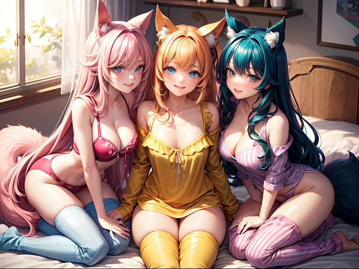 3girls, making out, groping, threesome, fingering, animal ears, tail, vulva, beautiful art style, golden rule, Americans, brightly coloured hair, long hair, complex styles, sleepwear, pjs, skimpy outfits, busty, smiling at camera, dizzy, slutty, made up, g...