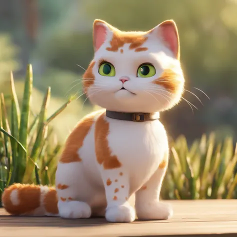 a pixar-style 3d cat that is white in color and has brown color patterns. Cat has pointed ears and green eyes, looking, standing on two feet with hands in T pose style, full body on plain background