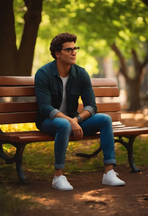 Crie um personagem no estilo Pixar de um jovem de 34 anos, moreno, usando oculos, cabelos curtos castanhos, sorrindo, Sitting on a bench in a square full of trees.