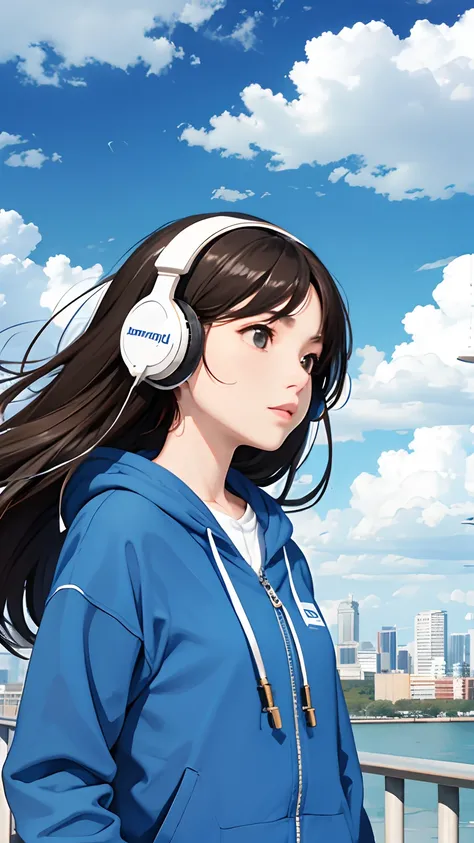 Girl wearing headphones，Meet face-to-face on the flyover，with blue sky and white clouds，