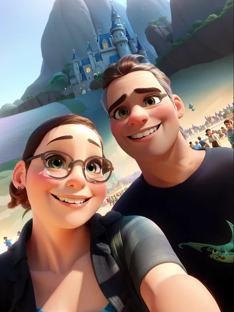 highres,couple man and woman in Disney Pixar style,colorful,expressive characters,bright and vibrant,joyful atmosphere,romantic setting,playful and whimsical environment,happy and animated expressions,adventurous theme,magical lighting,fantasy world,motion...