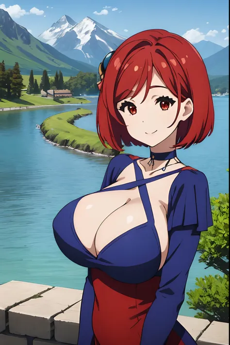 Huge tits, smile, mountain, lake, (best quality), (masterpiece), ariadoa, short hair, red hair, red eyes, hair ornament, blue dress, long sleeves, cleavage, large breasts, choker, halterneck, criss-cross halter, looking at viewer, smiling, fantasy landscap...