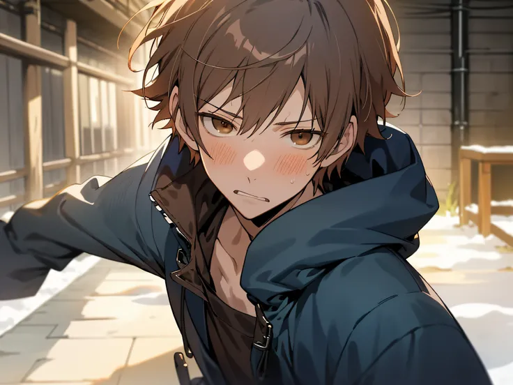 masutepiece, Best Quality, High quality, 1boy, Solo,Forcibly withdraw,sharp eye,Salt face,Cold expression,Male Focus, Looking at Viewer, upper body ,Brown eyes, Dark blue hair, parka,background is back alley,