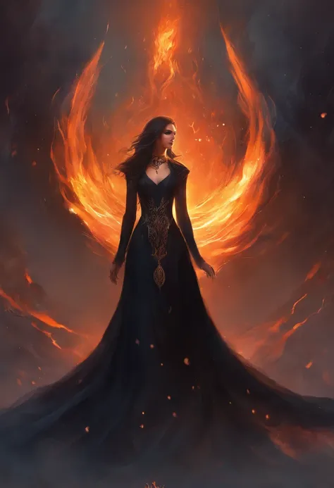 There is a woman standing, witchy, Black Dress, Brown straight hair, chocker on neck. There is a flame around, Dark color scheme, An evil expression on his face, Danger