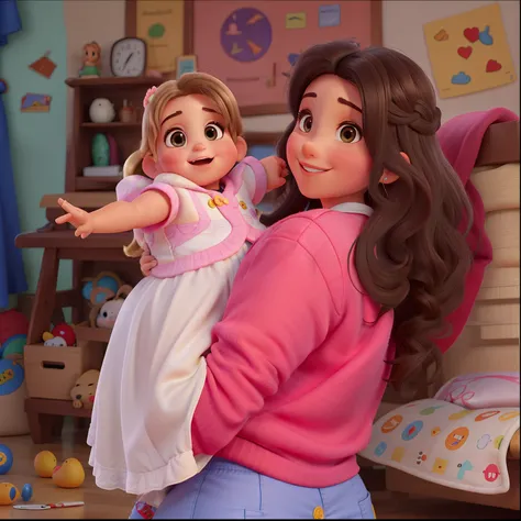 Poster no estilo Disney pixar, alta qualidade, melhor qualidade, mulher cabelos lisos compridos, cabelos pretos, boca vermelha grande, nariz pequeno, Holding your baby boy on your lap, sorrindo, ele tem cabelos castanhos, olhos castanhos, nariz pequeno. Fu...