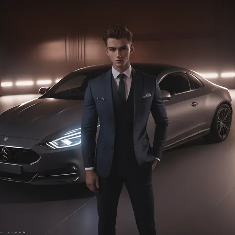 A 23-year-old Dutchman, male, barbu, barbe pleine, Models, Corps entier, Elegant poses, very beautiful, Standing next to a luxury car very well dressed Watch behind closed doors, Detailed image, UHD, 8k, well lit, grain de film, perfect  lighting