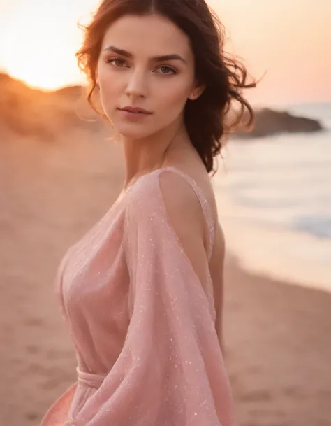 1fille, brune, sur une plage, coucher de soleil, robe rose, Realstic