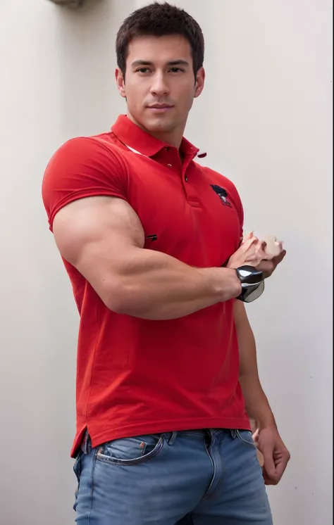 arafed man in a red shirt and blue jeans posing for a picture, red shirt, long hair and red shirt, light stubble with red shirt, wearing polo shirt, muscular!!, upper body shot, extremely muscular, fullbody photo, tall and muscular, profile shot, full body...