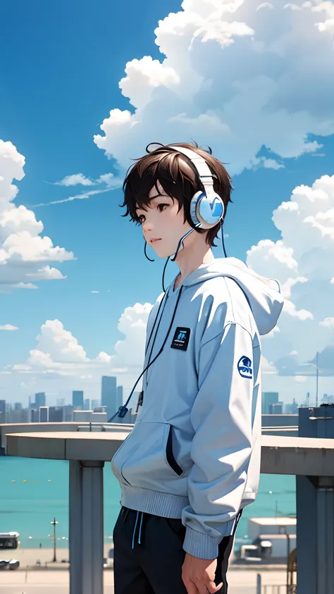 Boy wearing headphones，Meet face-to-face on the flyover，with blue sky and white clouds，