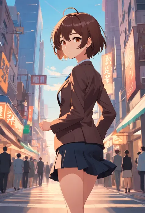 Brown color color hair, short hair，brown color eyes，black color suit，short skirt ，A bustling city street, brown eyes，diamond-shaped pupils，Look back at you