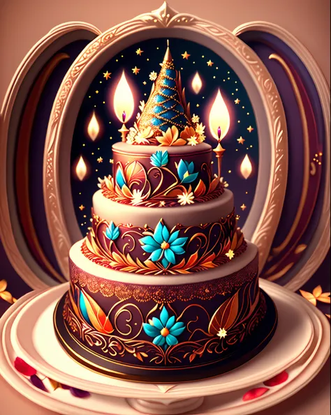 (Best quality,4K,A high resolution,Masterpiece:1.2),Delicate cake,Heavy cream,Decorated with various details，There was a big cake，There are a lot of different ingredients on it, fantasy bakery, Fantasy art Behance, cake art, 3d magical details, Stylized 3 ...