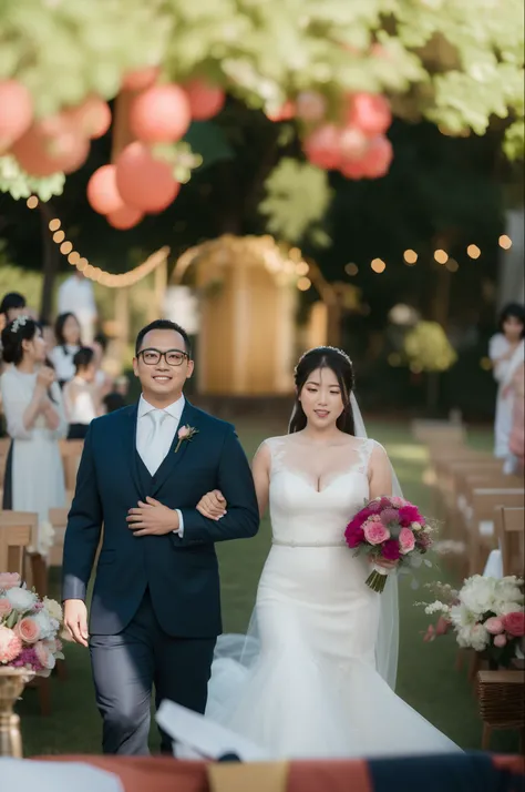 Brides and grooms walking down the aisle at outdoor wedding ceremony, noivos, Natasha Tan Maciej Kuciara, Postagem no Reddit, por Aya Goda, noivo, walking towards the camera, Alex Miranda, casamento, Casal feliz, foto do casamento, Tyler Edlin e Natasha Ta...