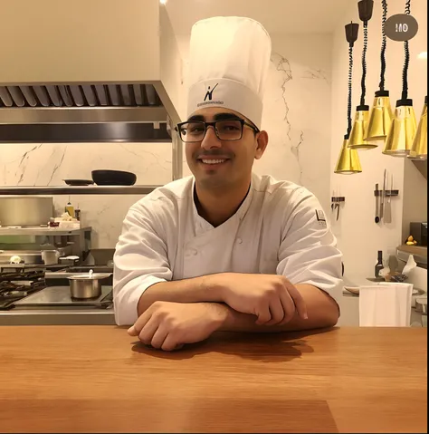 Hay un hombre sentado en un mostrador en una cocina, Mejor Chef, Chef de mesa, con sombrero de chef blanco, foto de perfil, Chef feliz, cocinar, Mohamed Chahin, en una cocina, inspired by Matteo Pérez, Johnatan Wayshak, alejandro, en la cocina, por Emma An...