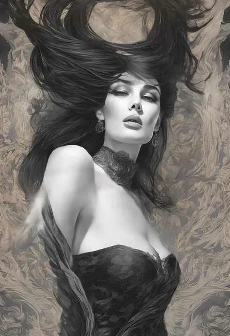 There is a woman standing, witchy, Black Dress, Brown straight hair, chocker on neck. There is a flame around, Dark color scheme, An evil expression on his face, Danger, Works Magic, Monica Bellucci