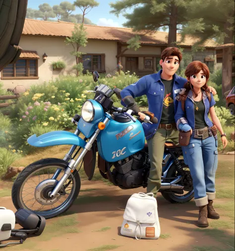 a man and a woman leaning in front of a motorcycle in a nature environment DISNEY PIXAR STYLE, HIGH QUALITY, BEST QUALITY