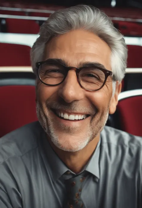 Man with glasses, smiling, gray hair, in an auditorium hall