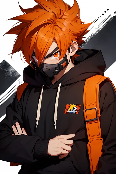 anime teenager boy portrait wearing a black hoodie and a half face black gas mask with a orange hair like dragon ball z and orange eyes