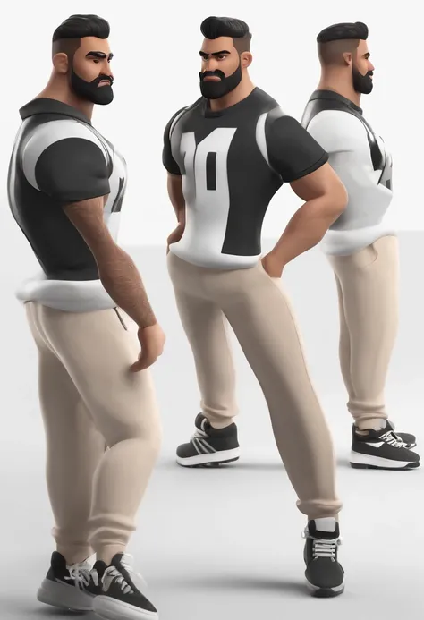 personagem dos desenhos animados de um homem branco com barba, light brown eyes, black hair, topknot, black t-shirt and pants, and ALL star sneakers, animation character, Caractere estilizado, animation style rendering, 3D estilizado, Arnold Maya render, 3...