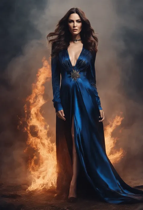 There is a woman standing, witchy, Blue Star Dress, Brown straight hair, chocker on neck. There is a flame around, Dark color scheme, An evil expression on his face, Danger, Works Magic, Monica Bellucci