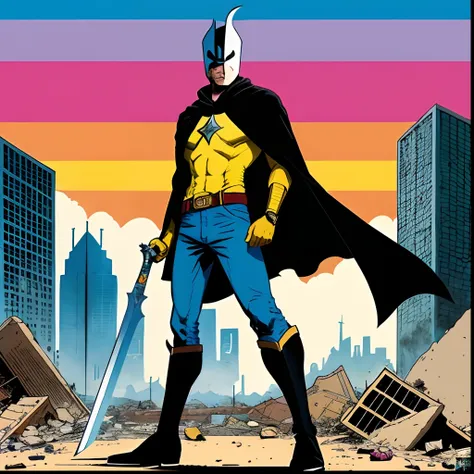 Cartoon of a man with a cape and a sword standing in front of a pile of rubble, Arte Hylics, franco e bem., Russel Dauterman, arte em quadrinhos de rafael albuquerque, inspirado em Jean Giraud, Omni Man vs Invincible, Sou um Jean Giraud, inspirado em Victo...