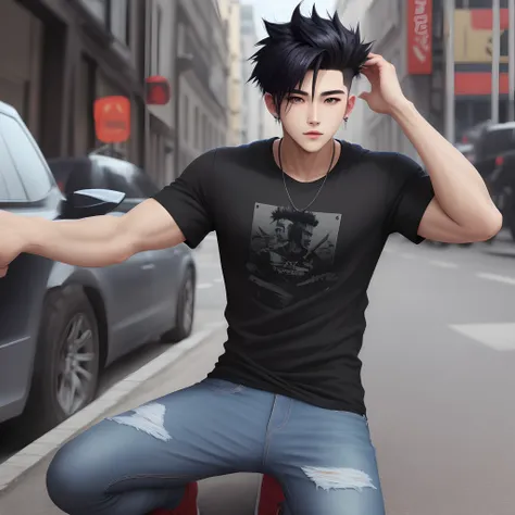 cool boy,black spike hair, black tshirt, jeans