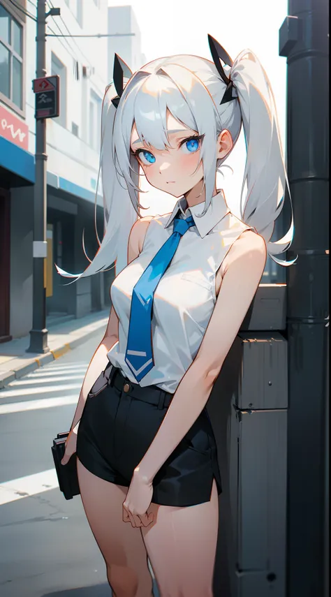 1girl, shy face,tall,mature female,medium breasts,white shirt,black shorts,blue tie,white hair,long twintails hair,blue eyes,sleeveless,standing in a street,cowboy shot