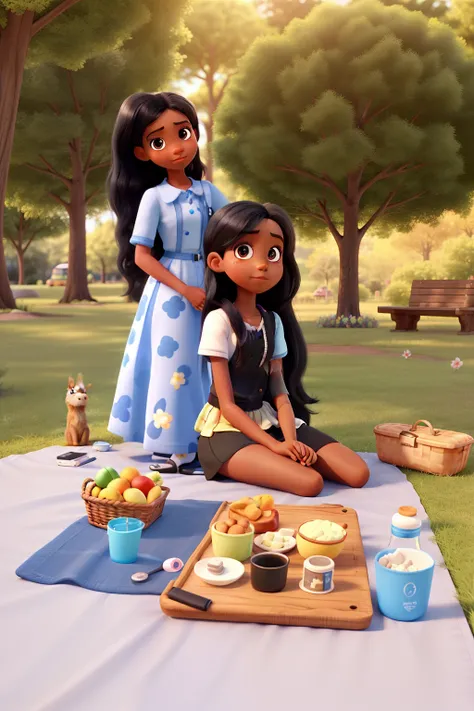 a pixar style black girl, long black hair, dark eyes, light blue dress, cute young girl and a white girl, long brown hair, brown eyes, cute young girl, bright eyes, with background in the park on a picnic