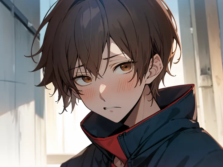 masutepiece, Best Quality, High quality, 1boy, Solo,Forcibly withdraw,yandere,eery,Cold expression,Male Focus, Looking at Viewer, upper body ,Brown eyes, Dark blue hair, parka,background is back alley,