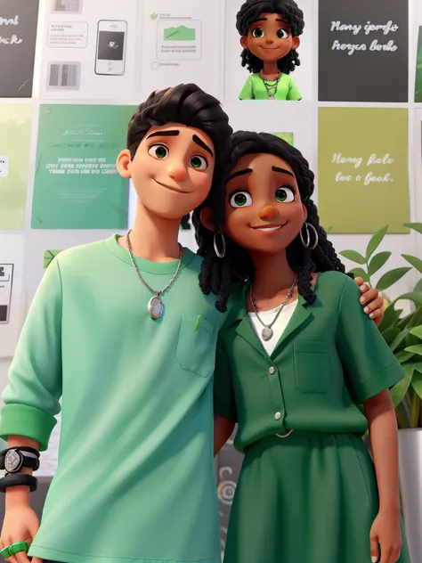 Um menino com um cabelo liso preto vestindo uma camisa verde, a silver chain around her neck and a black bracelet on her arm hugging a smiling girl wearing a green dress