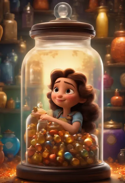 A collector of ideas inspired by Pixar animation, up close. She is surrounded by a collection of magical jars, each containing a unique idea. The focus is on the character, with a captivating facial expression, against a backdrop of sparkling, effervescent...