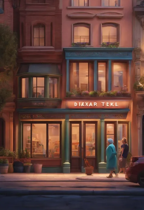 Pixar 3D style drawing of a slimming clinic in the city center with a character in the foreground