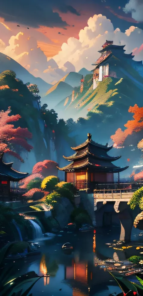 Mijony style, Chinese architecture, gardens, Mountains and rivers, Clouds (The is very detailed: 1.2)  insanely details, 4K, composition, crop, centre, symetry, Drawn, Intricate, voluminous lighting, Beautiful, A masterpiece saturated with deep colors, Sha...