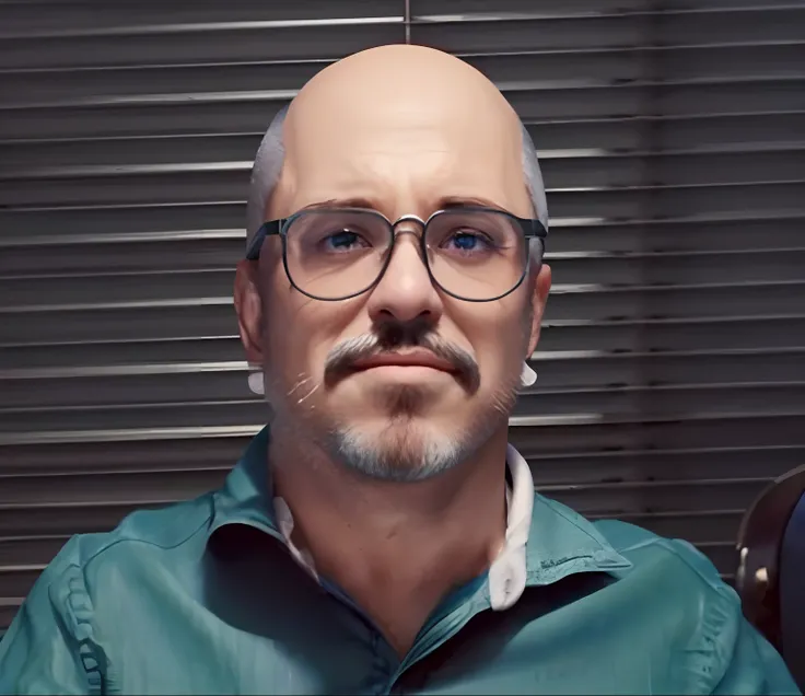 criar personagem disney pixar conforme imagem acima. homem branco, careca com cabelos so do lado, oculos azul escuro, olhos castanhos, barba e bigode ralos