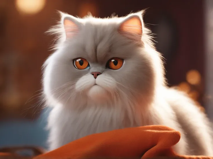 Pixar. create a "Disney Pixar" style poster with the title Persian Cat, a red medium-haired brown-eyed Japanese woman holding a gray Persian cat with orange eyes. with a focus on the vibrant colors and detailed textures characteristic of Disney Pixar anima...