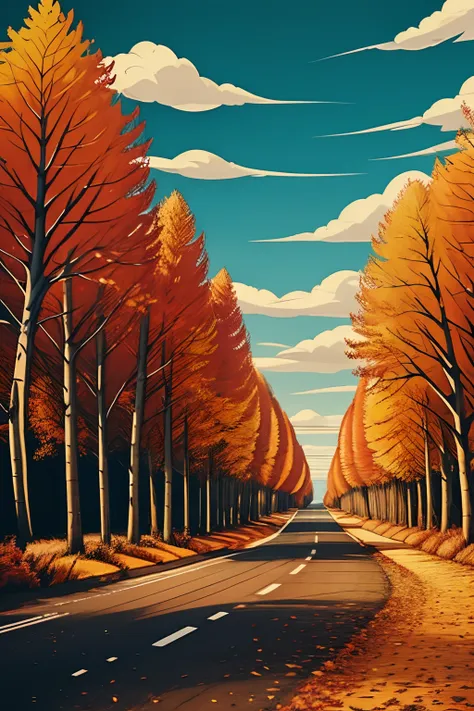 there is a picture of a road with trees in the fall, a digital painting by senior artist, pexels, fine art, scenic colorful envi...