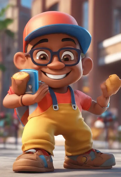 A featured illustration for a strong mulatto man with glasses smiling - the mans skin is mulatto he wears a cap, He is a sports practitioner and is dressed as if he were in a street race, in his spare time he is a pastry chef