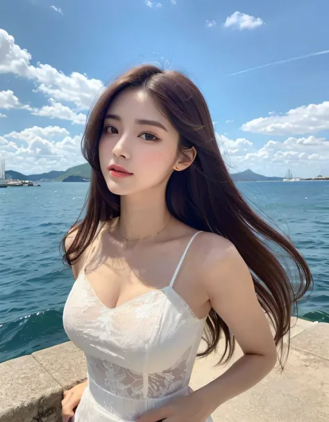 (Daytime, Excellent, 8K, Masterpiece:1.3)), Full body, Long legs, Focal length: 1.2, Perfect Body Beauty: 1.4, Slim Abs: 1.1, ((Dark Brown Hair, Big Breasts: 1.2 )), (White Dress, Standing: 1.2), ((Sea, Blue Sky and White Clouds: 1.3)), Highly detailed fac...