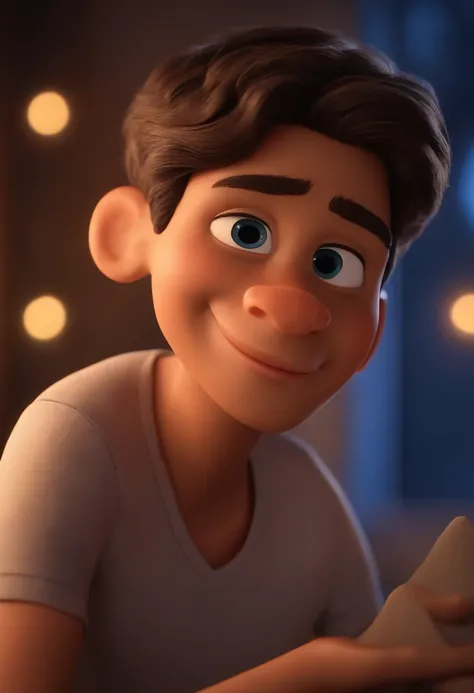 Garoto, estilo disney, tom de pele: claro:  Cabelo: marrom escuro, liso, curto, penteado para o lado direito. camisa: social, Cor azul. Fundo: Gray and white gradient,Comemorando, Hands raised, sorrindo, feliz, (estilo pixar) (obra-prima:1.2) (bokeh) (melh...