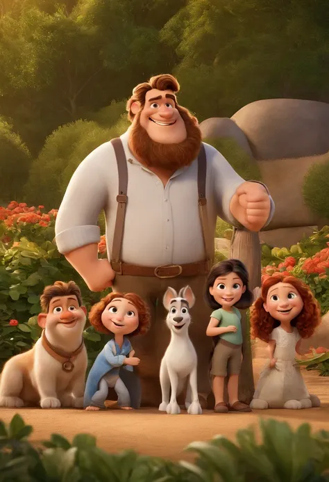 a Disney Pixar movie poster showing a white-skinned family. The father is the tallest, Tem barba curta, loiro, cabelos curtos e espinhosos. The mother has brown eyes and hair, shoulder-length and is slightly overweight. A menina tem 4 anos e cabelos castan...