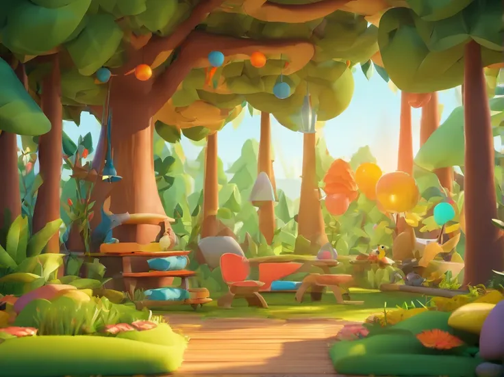 Scenery, forest interior, childrens book illustration style, simple, cute, bright colors, Pixar style.