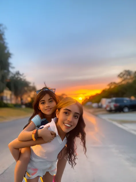 PIXAR Style Portrait Image There are two girls riding a skateboard on the street, during sunset, Durante a Hora Dourada, with sunset, during a sunset, in the sunset, taken with the best dlsr camera, Tiro na Hora de Ouro, at a beautiful sunset, morning gold...