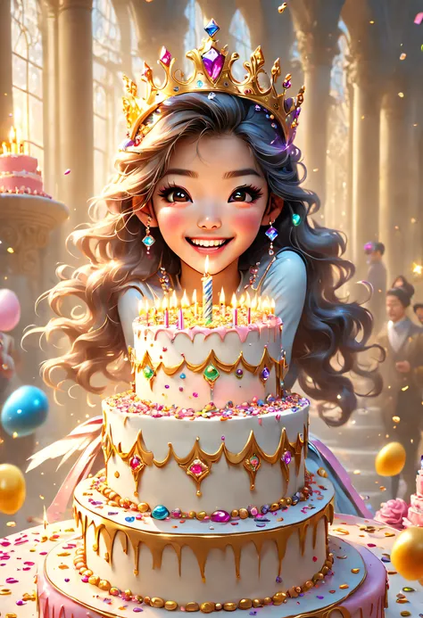 Beautiful 8K Ultra HD professional photos, Sharp focus, In a stunning fantasy world, Beautiful Korean teenage girl wearing a crown，Birthday cake filled with gems, A joyful smile, In a luxurious palace，A huge cake，It has candles and confetti on it, Huge bir...