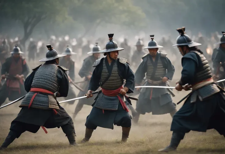 Numerous samurai are fighting on the battlefield